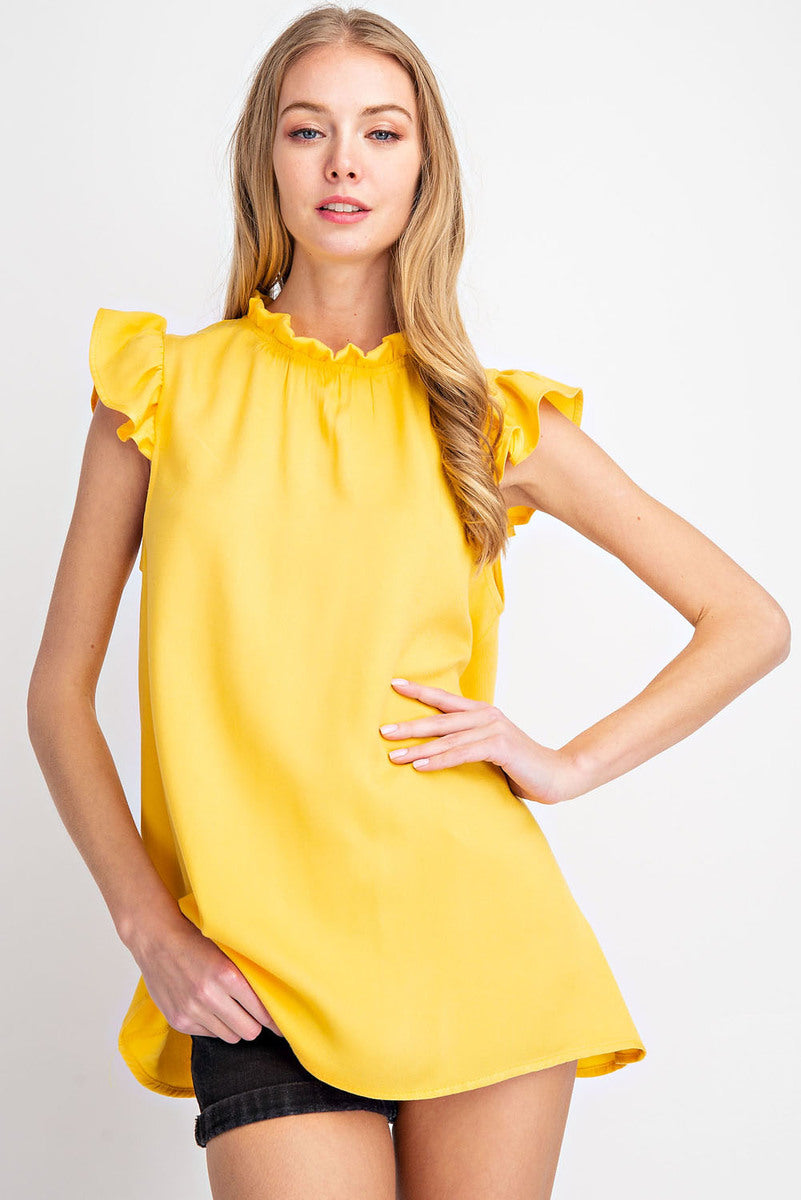 Sunflower Ruffled Short Sleeve Mock Neck Top