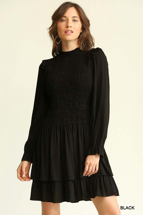 Black Woven Smocked Bodice Dress