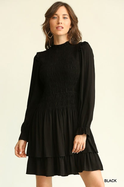 Black Woven Smocked Bodice Dress