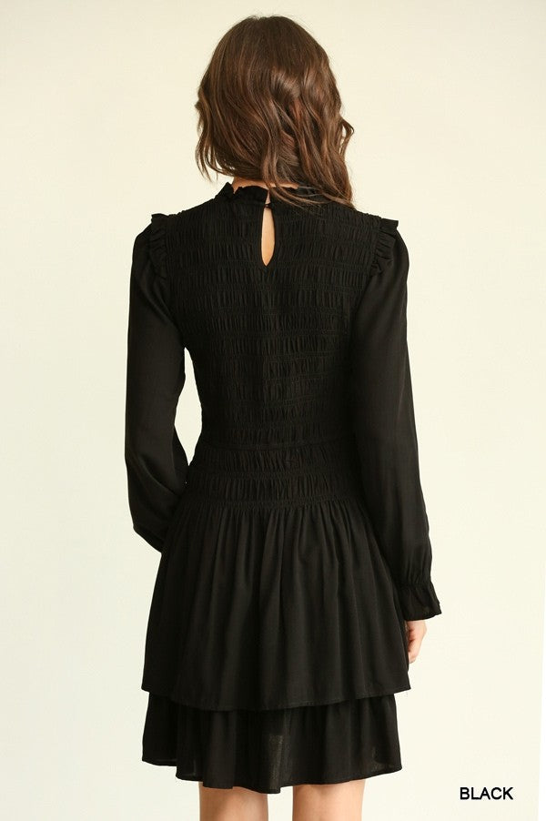 Black Woven Smocked Bodice Dress