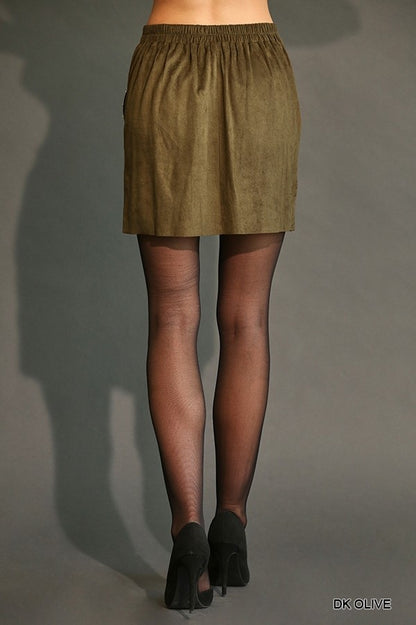 Olive Green Suede Knit Mini Skirt with Studs