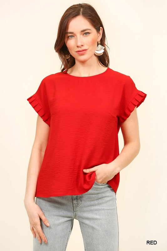 Candy Red Short Sleeve Blouse with Pleated Sleeves