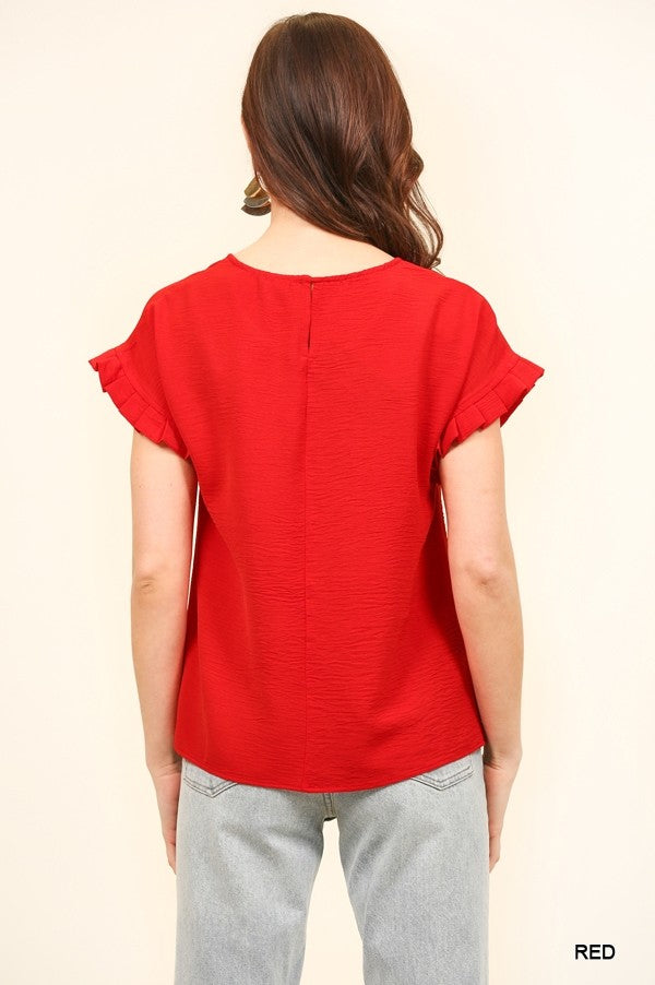 Candy Red Short Sleeve Blouse with Pleated Sleeves