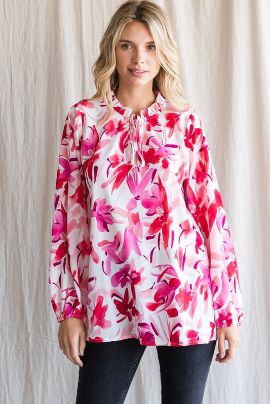 Hot pink self tie neck blouse with long sleeves for women.