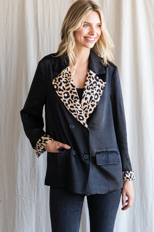 Satin Black with Leopard Print Blazer