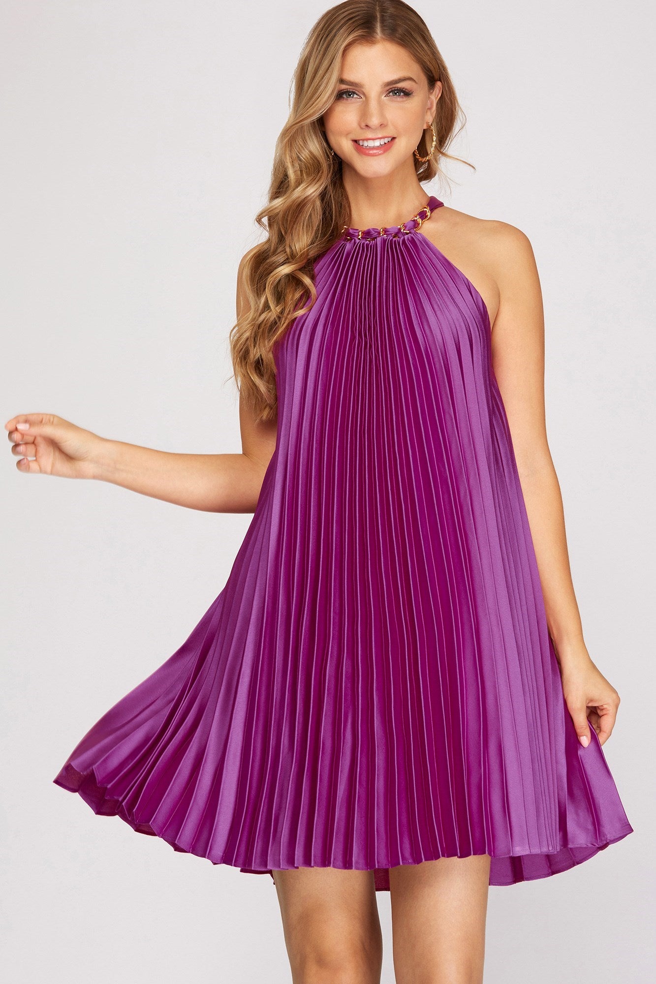 Purple Pleated Chain Halter Satin Dress