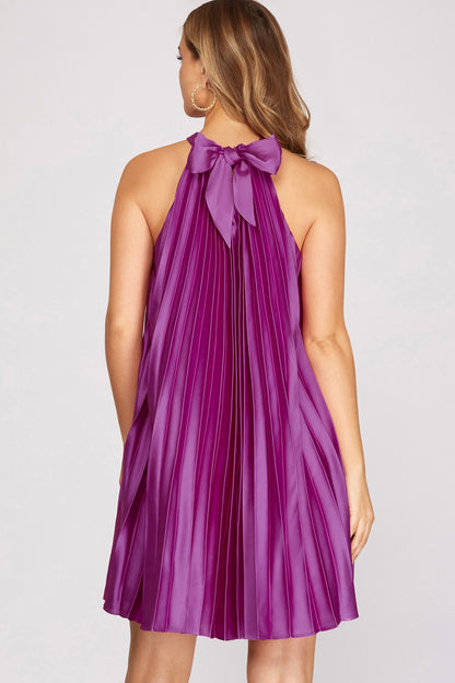 Purple Pleated Chain Halter Satin Dress