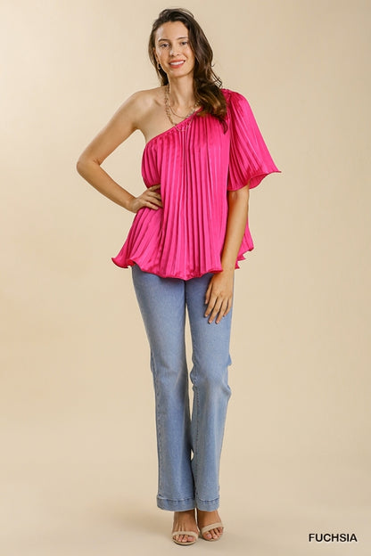 Fuchsia One Shoulder Satin Pleated Top