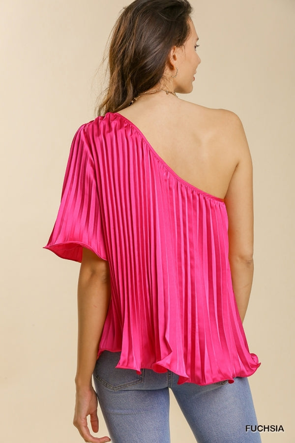 Fuchsia One Shoulder Satin Pleated Top