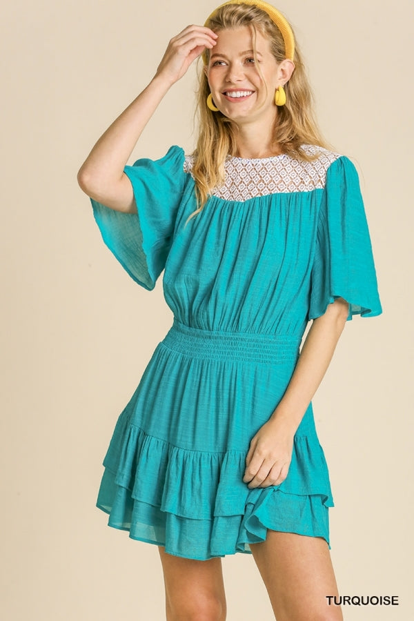 Turquoise Lace Trim Short Sleeve Dress