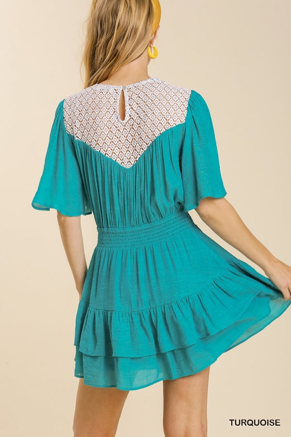 Turquoise Lace Trim Short Sleeve Dress