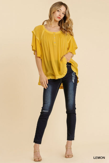 Lemon Short Ruffle Sleeve Button Sheer Top