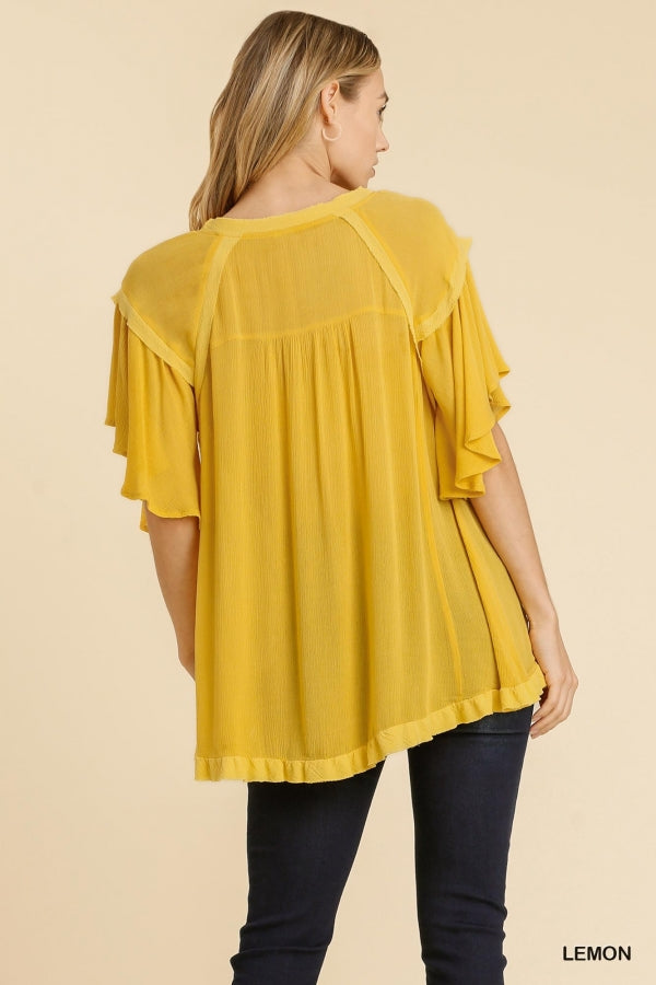 Lemon Short Ruffle Sleeve Button Sheer Top